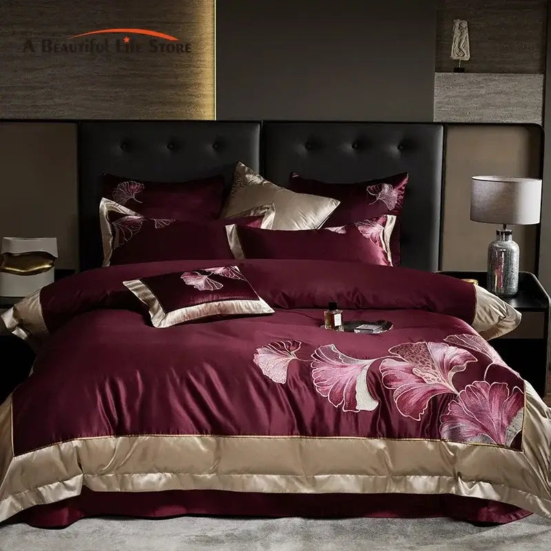 Burgundy & gold ginkgo biloba egyptian cotton bedding set bedroom