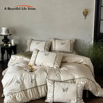 Butterfly embroidery cream satin bedding set bedroom duvet sheet