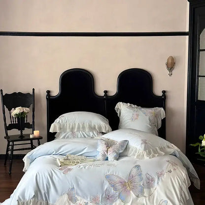 Butterfly embroidery lace ruffles bedding set light blue bedroom cotton