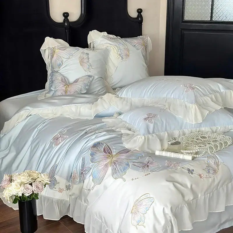 Butterfly embroidery lace ruffles bedding set light blue bedroom cotton
