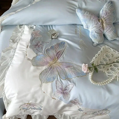 Butterfly embroidery lace ruffles bedding set light blue bedroom cotton
