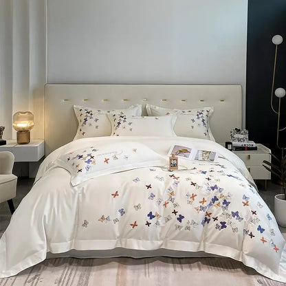 Butterfly embroidery white cotton bedding set – bedroom decor