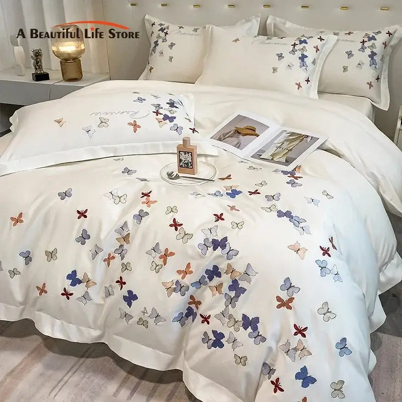 Butterfly embroidery white cotton bedding set – bedroom decor