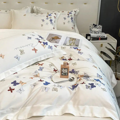 Butterfly embroidery white cotton bedding set – bedroom decor