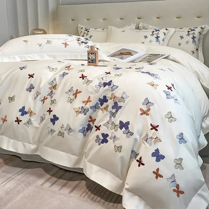 Butterfly embroidery white cotton bedding set – bedroom decor