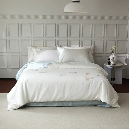 Butterfly embroidery white lyocell cotton bedding set bedroom sheets