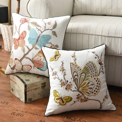 Butterfly floral cotton pillow cover bedroom embroidered decor
