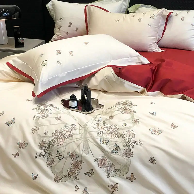 Butterfly flowers embroidery cream bedding set bedroom duvet cover