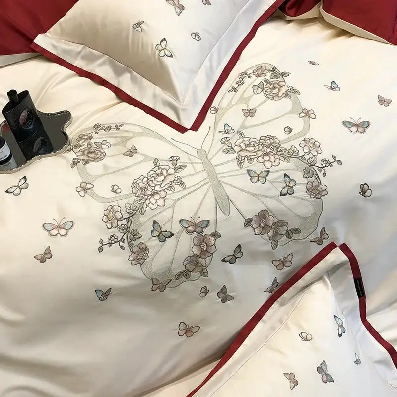 Butterfly flowers embroidery cream bedding set bedroom duvet cover