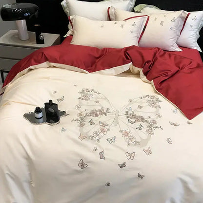 Butterfly flowers embroidery cream bedding set bedroom duvet cover