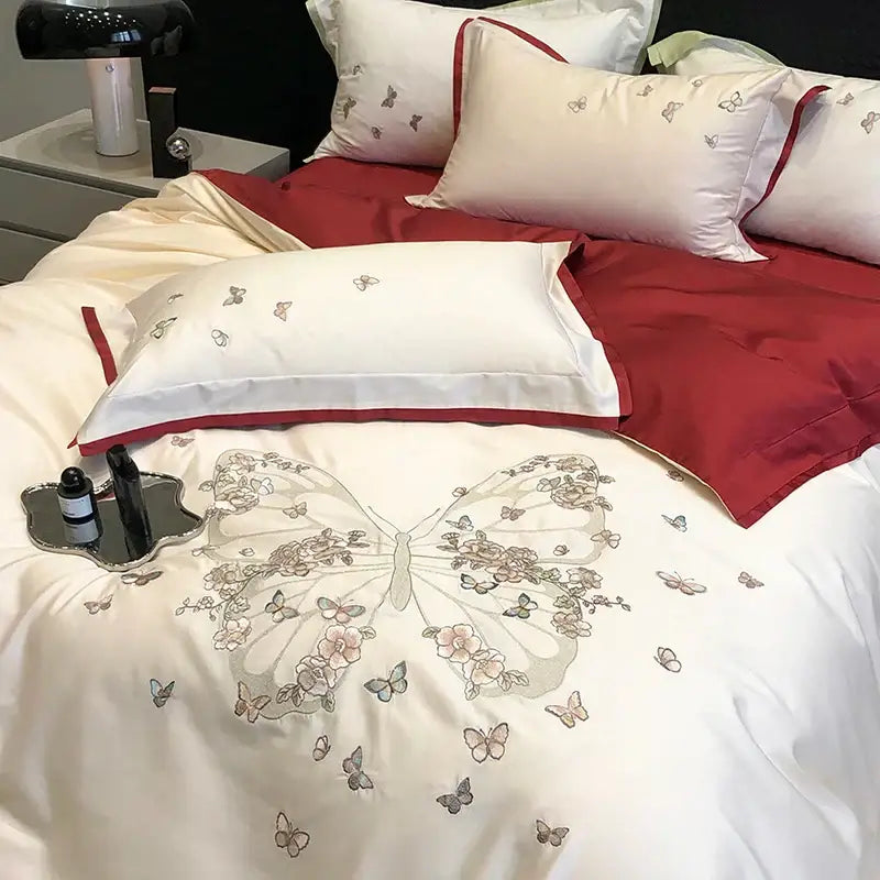 Butterfly flowers embroidery cream bedding set bedroom duvet cover