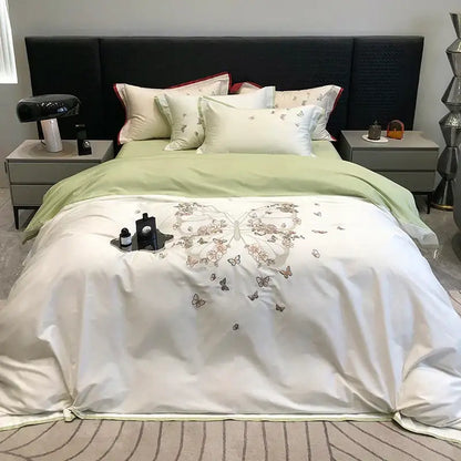 Butterfly flowers embroidery cream bedding set bedroom duvet cover