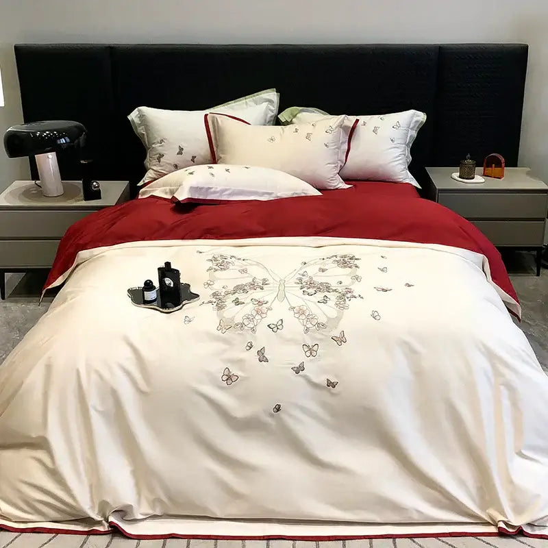 Butterfly flowers embroidery cream bedding set bedroom duvet cover