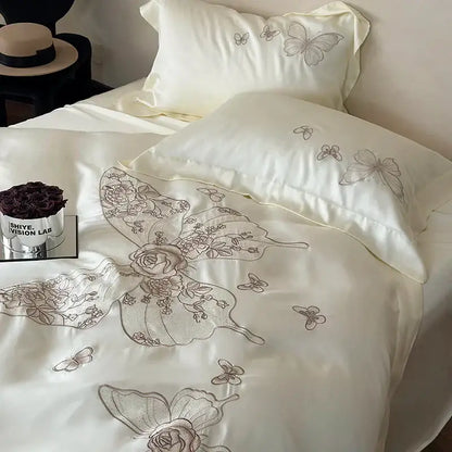 Butterfly flowers embroidery cream satin bedding set bedroom