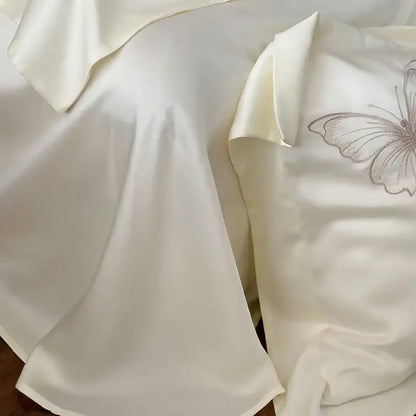 Butterfly flowers embroidery cream satin bedding set bedroom