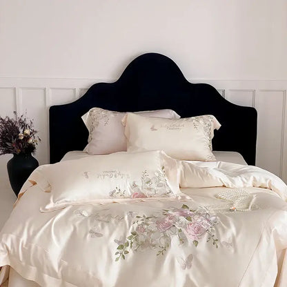 Butterfly flowers embroidery cream satin bedding set bedroom decor