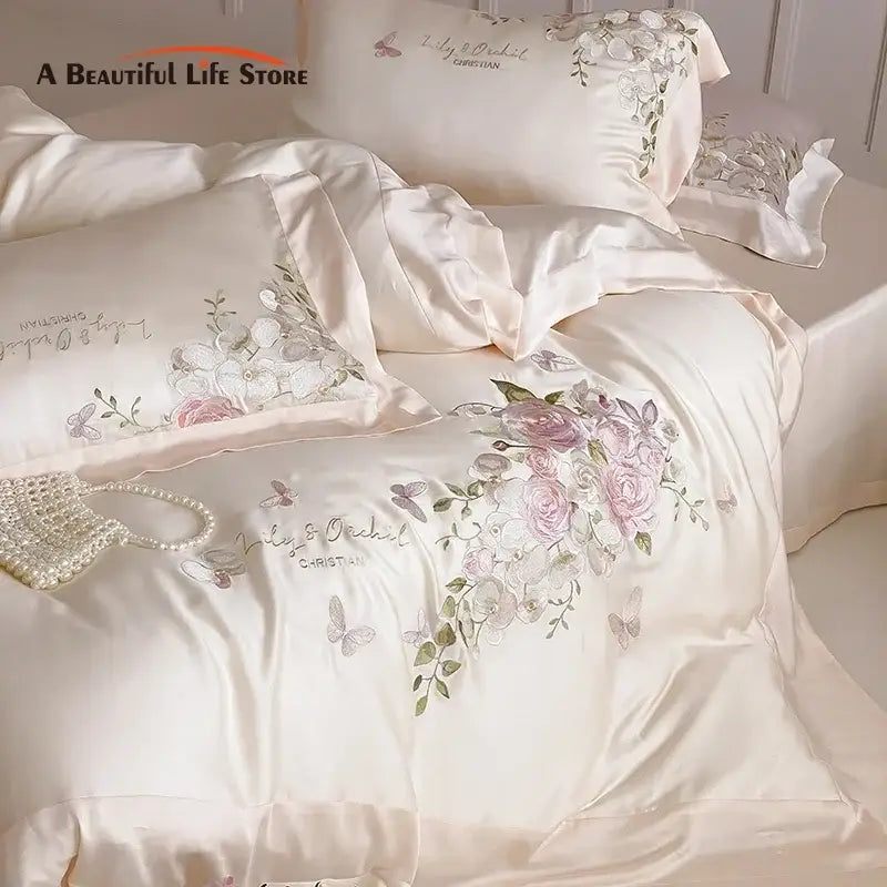 Butterfly flowers embroidery cream satin bedding set bedroom decor