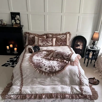 Butterfly flowers lace cream & brown velvet bedding set bedroom ruffles