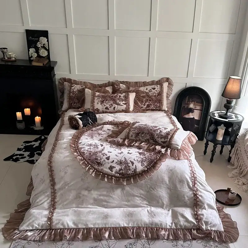 Butterfly flowers lace cream & brown velvet bedding set bedroom ruffles
