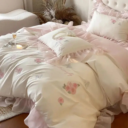 Butterfly flowers lace ruffles ivory & pink bedding set bedroom duvet