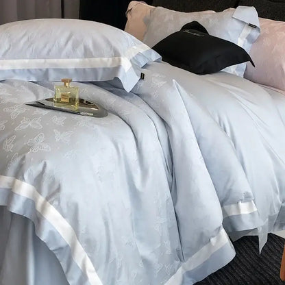 Butterfly jacquard bedding set – light blue & white bedroom duvet cover