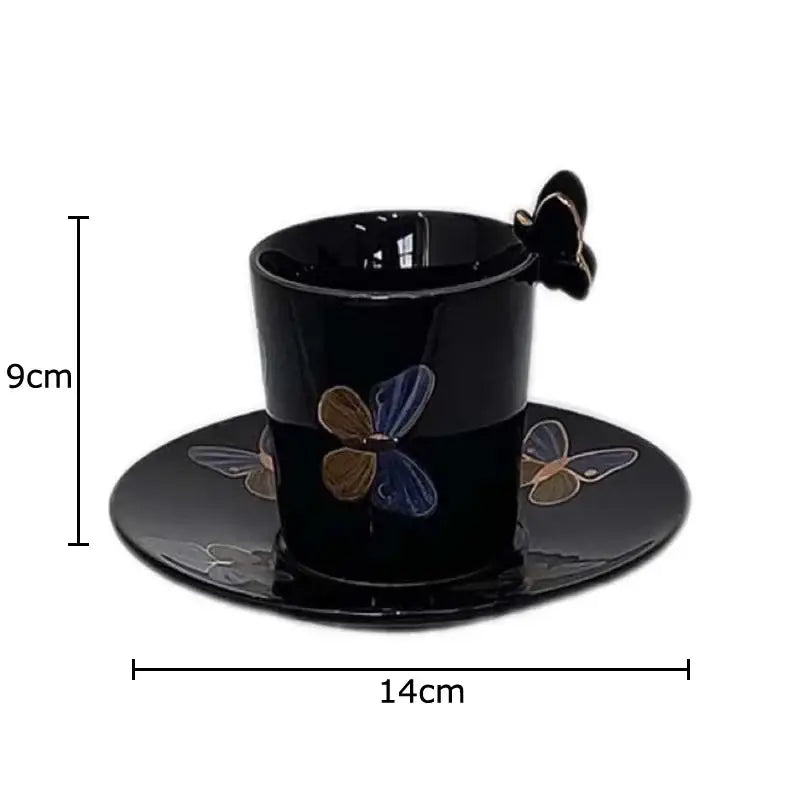 Butterfly pattern ceramic cup and saucer set cream & black dining room