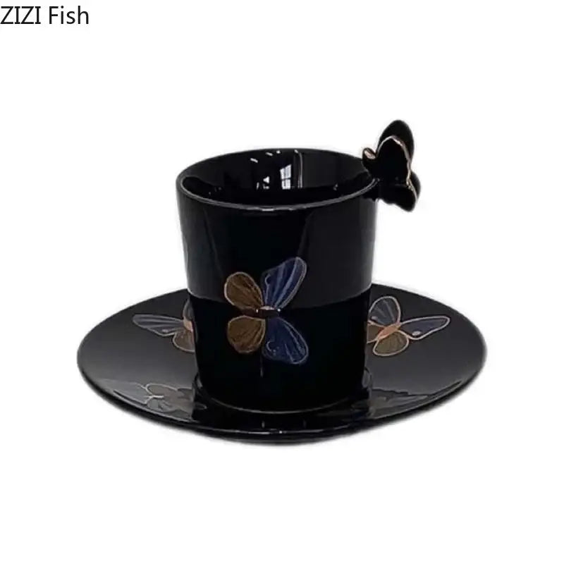 Butterfly pattern ceramic cup and saucer set cream & black dining room