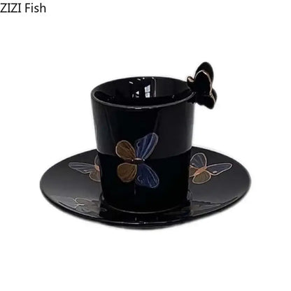 Butterfly pattern ceramic cup and saucer set cream & black dining room