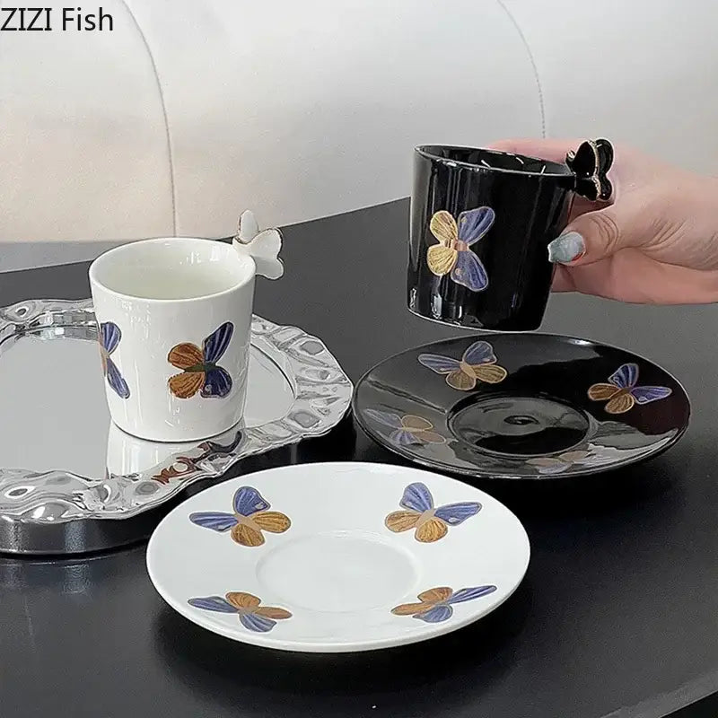 Butterfly pattern ceramic cup and saucer set cream & black dining room