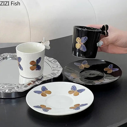 Butterfly pattern ceramic cup and saucer set cream & black dining room