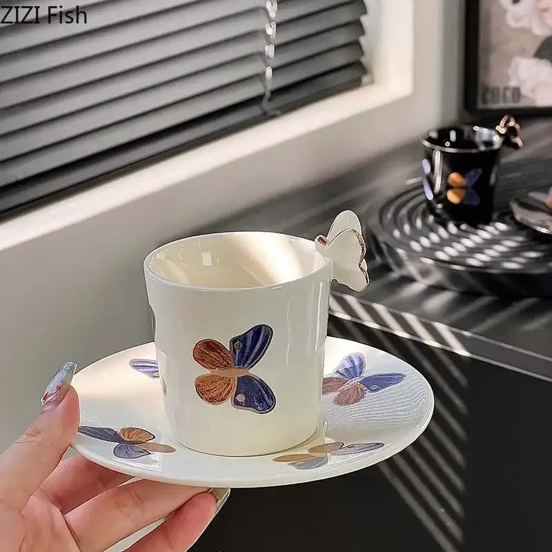 Butterfly pattern ceramic cup and saucer set cream & black dining room