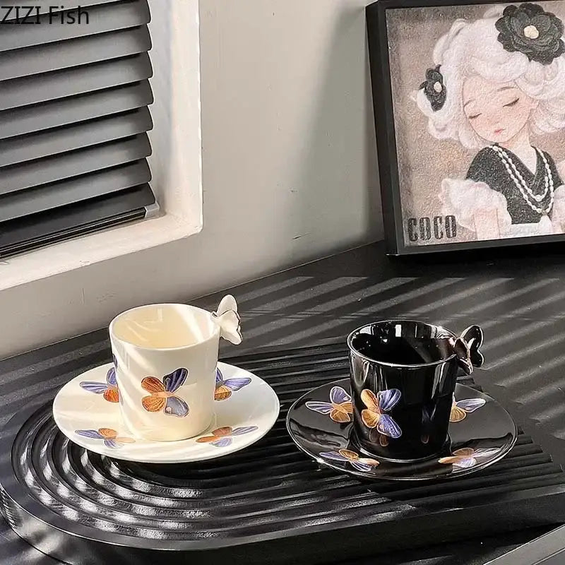 Butterfly pattern ceramic cup and saucer set cream & black dining room