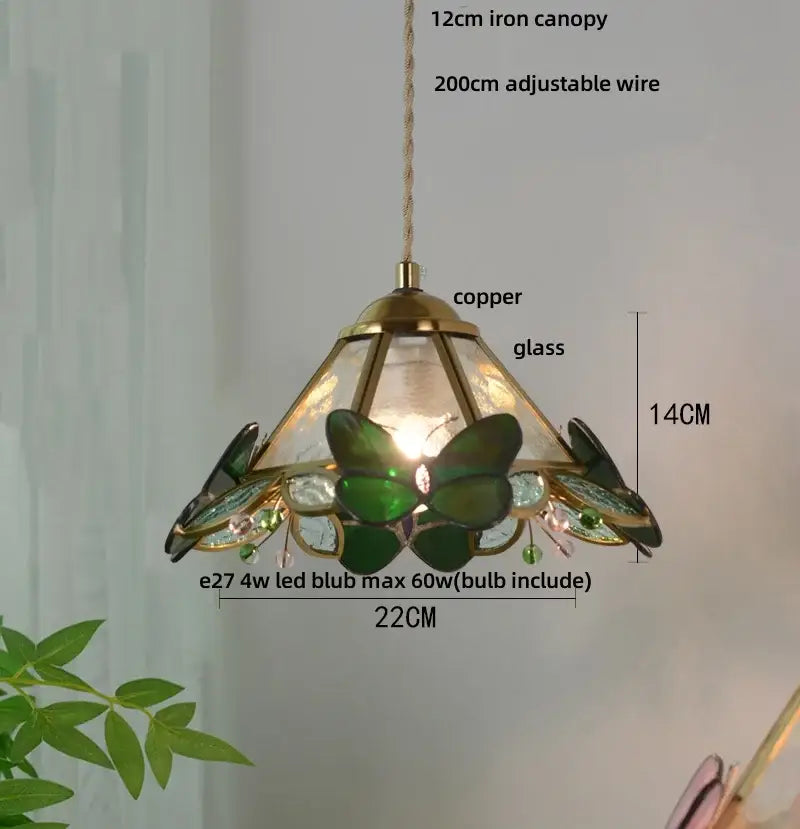 Butterfly tiffany glass pendant light dining room blue & green shade