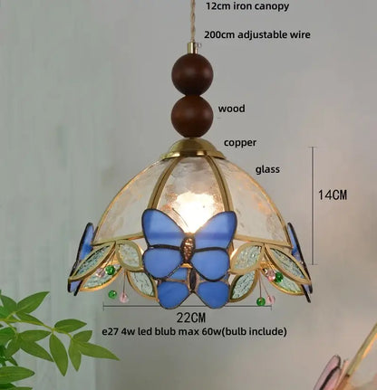 Butterfly tiffany glass pendant light dining room blue & green shade