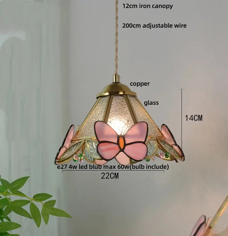 Butterfly tiffany glass pendant light dining room blue & green shade