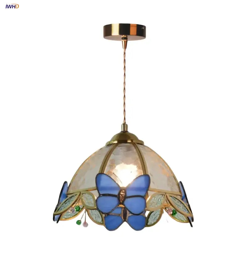Butterfly tiffany glass pendant light dining room blue & green shade