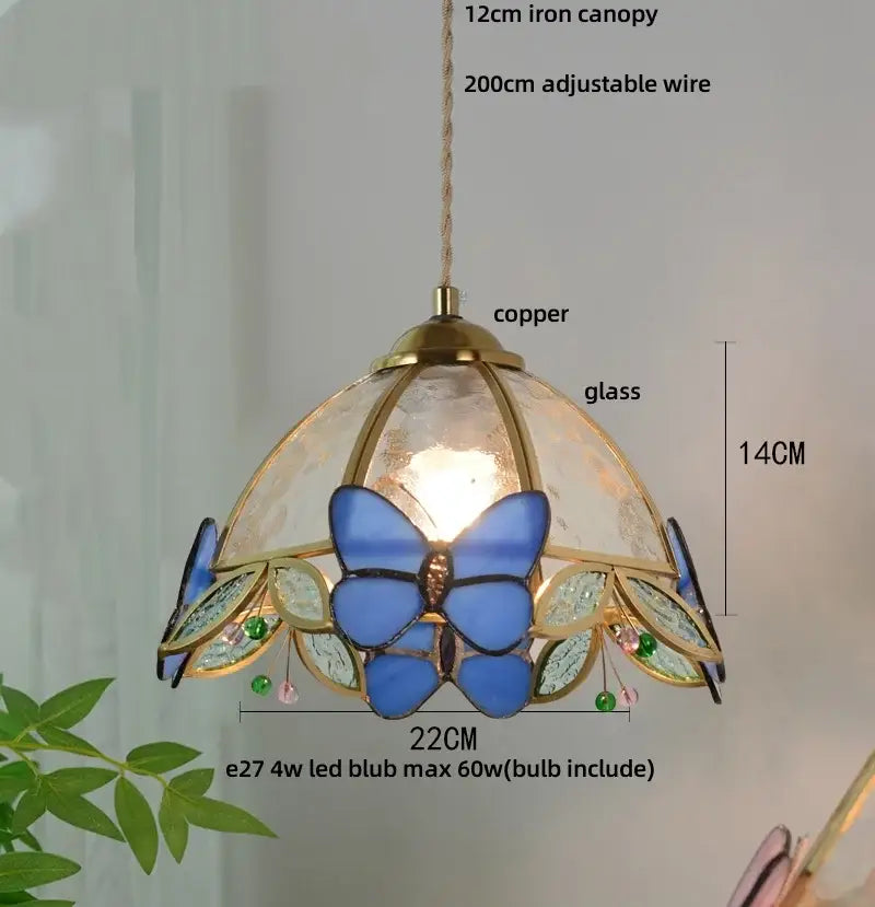 Butterfly tiffany glass pendant light dining room blue & green shade