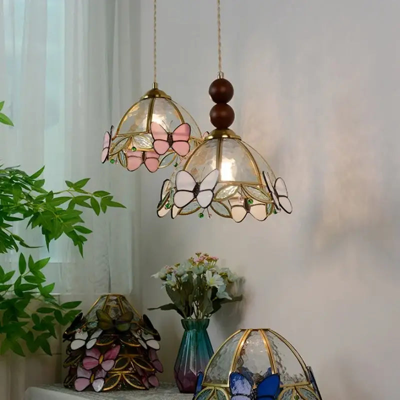Butterfly tiffany glass pendant light dining room blue & green shade