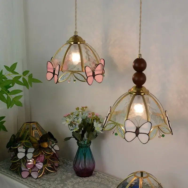 Butterfly tiffany glass pendant light dining room blue & green shade
