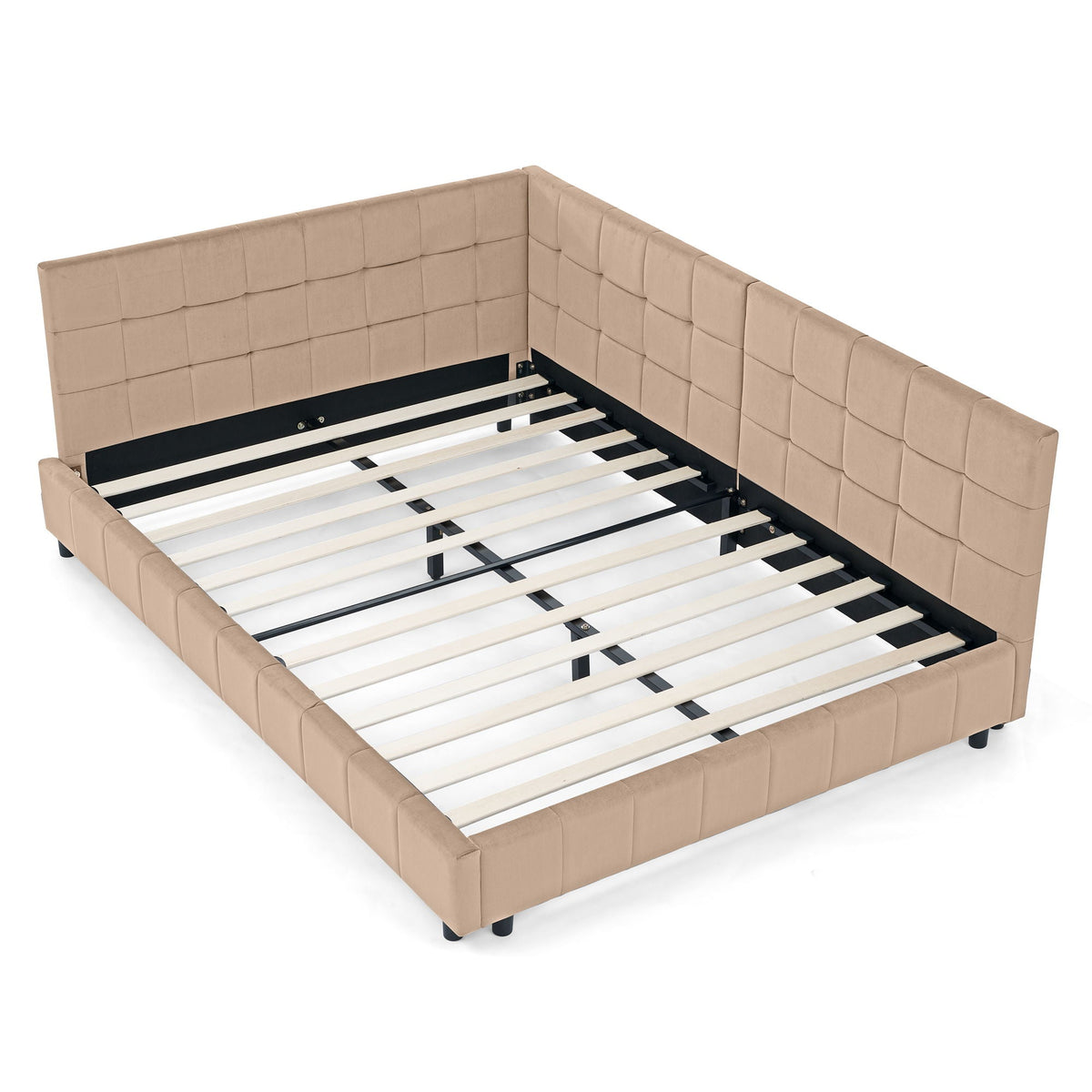 Mid-Century Storage Upholstered Tufted Bed Frame With Backrest And Armrests