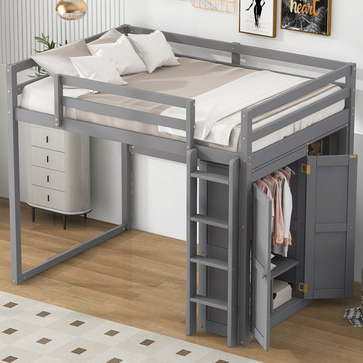 Loft Bed With Built In Wardrobe, Storage Shelves, And LED Light