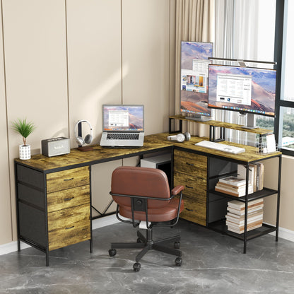 Industrial L Shaped Desk With Power Hub With 6 Drawers And Adjustable Monitor Stands - Brown