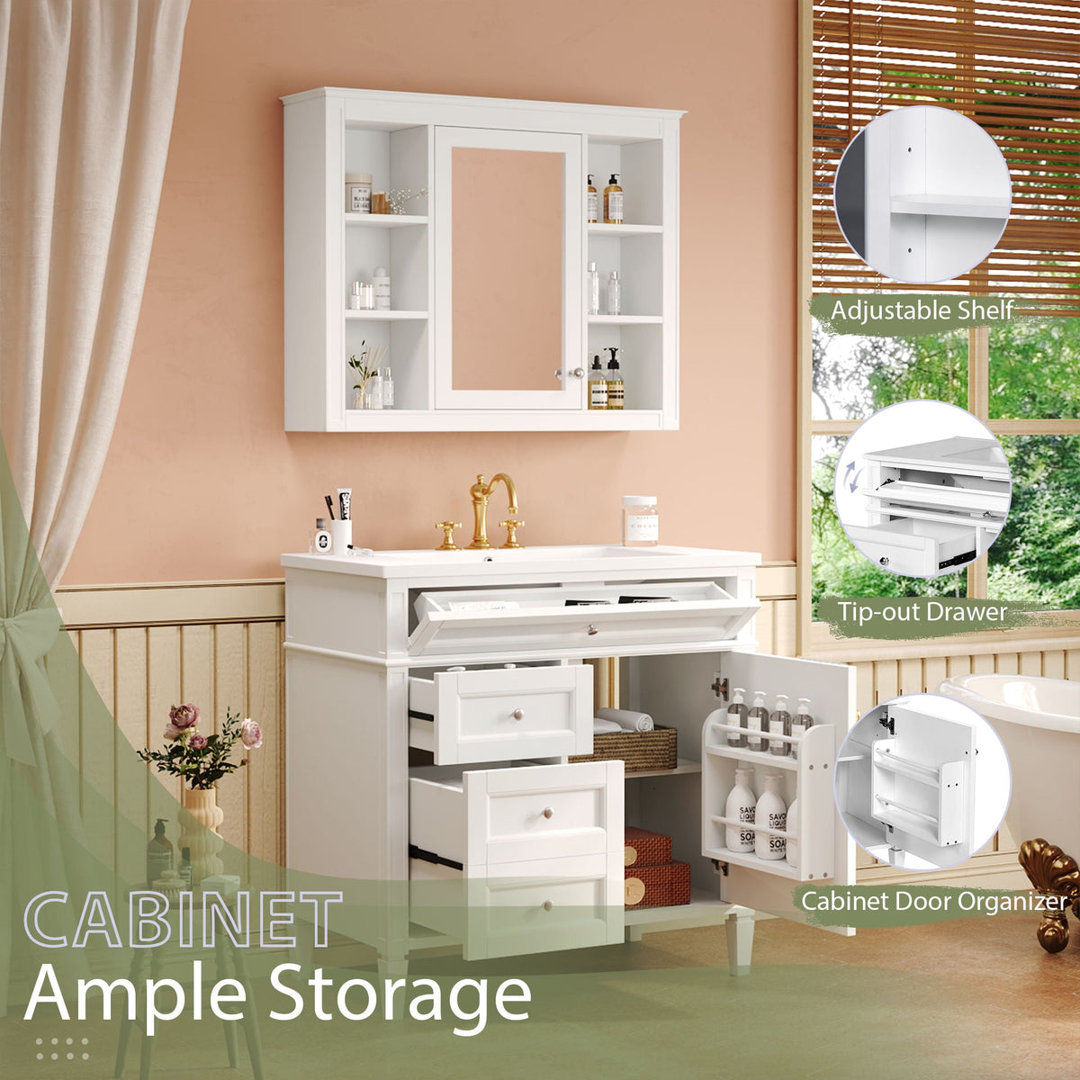 Bathroom Vanity With Mirror Cabinet, Single Sink With 2 Soft Closing Doors And 4 Drawers