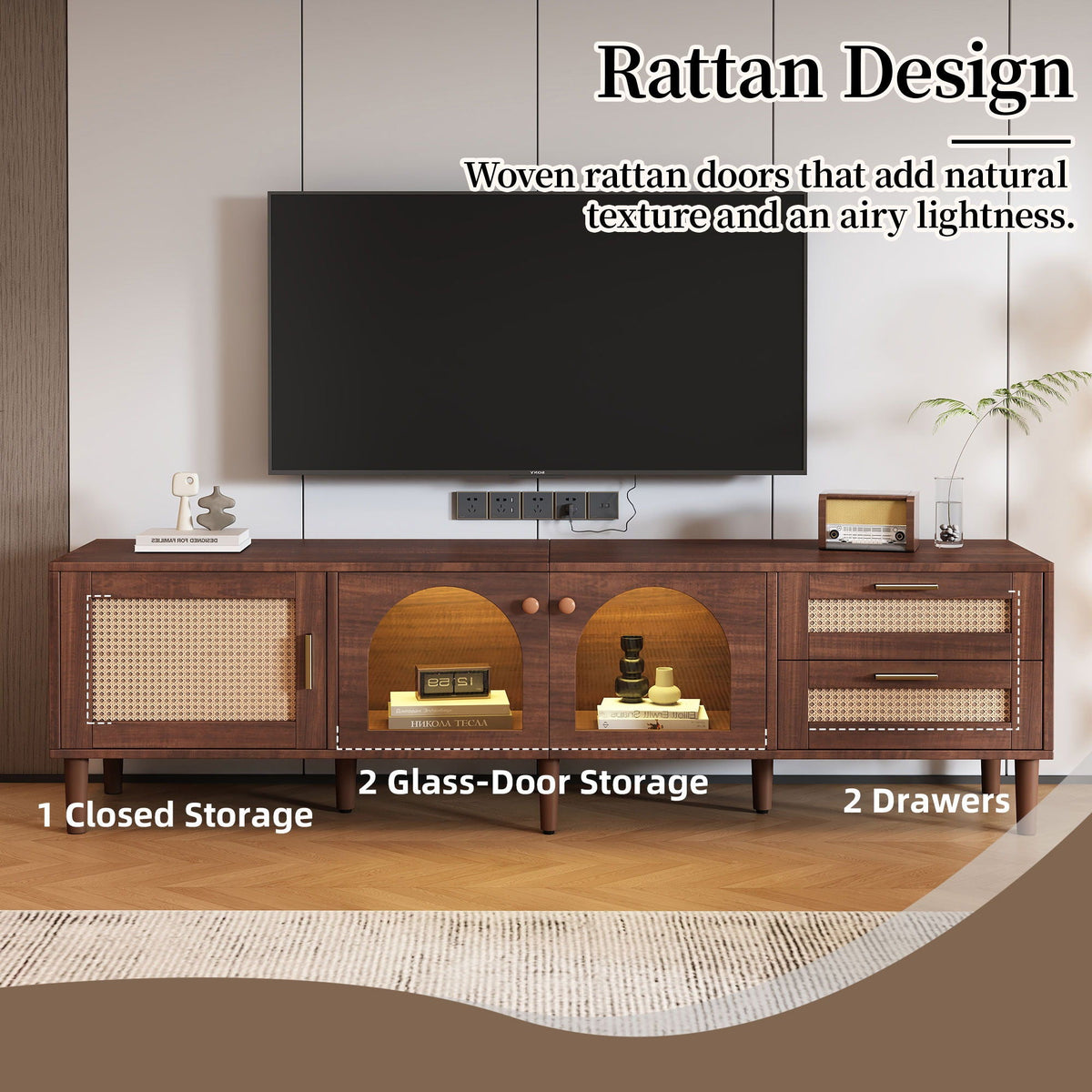 TV Stand With App-Controlled LED Lights, 2 Drawers & Door Storage
