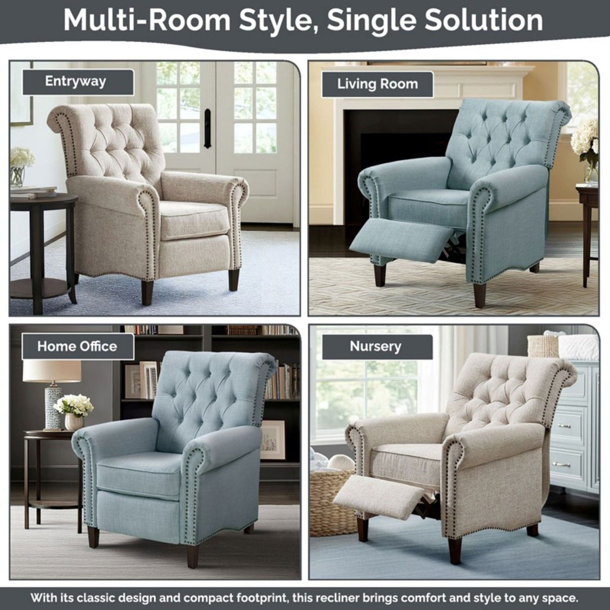 Aidan - Push Back Recliner Chair With Tufted Back And Nailhead Trim - Cream