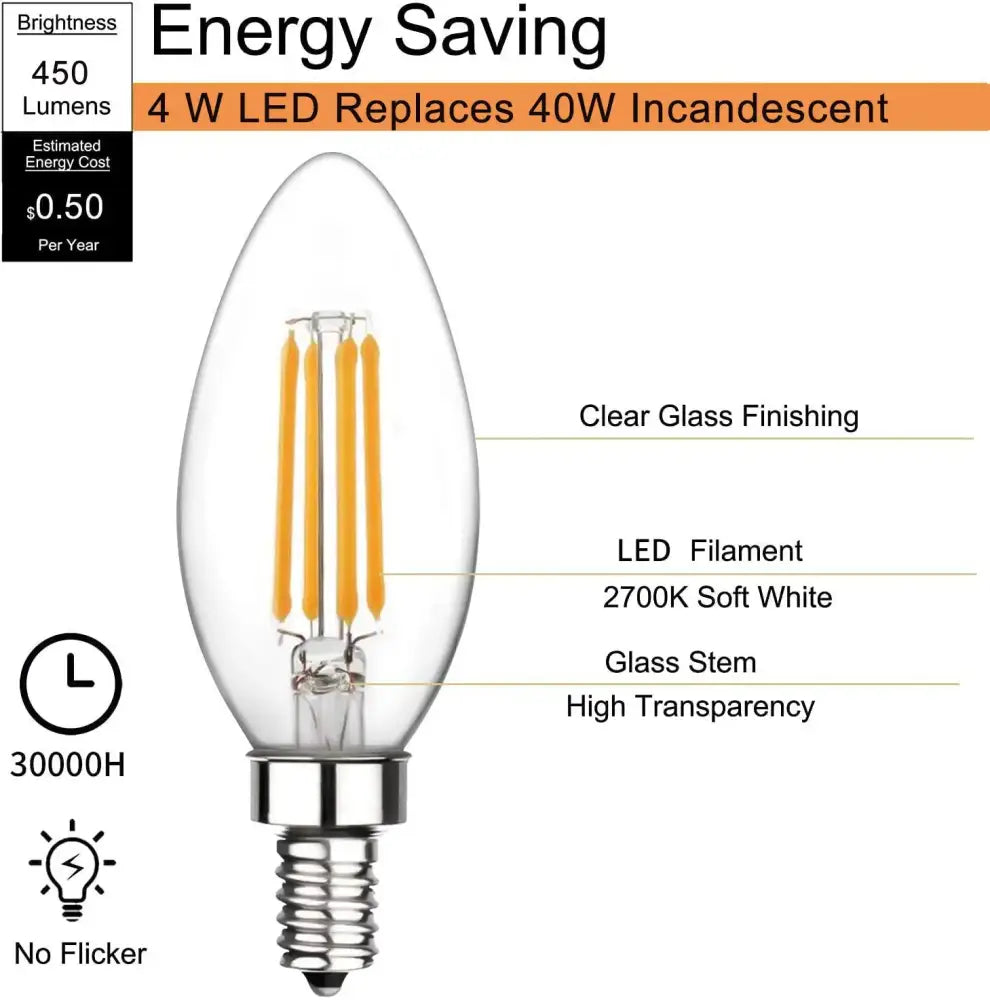 C35 led dimmable glass candle bulbs 6-pack for dining room chandeliers