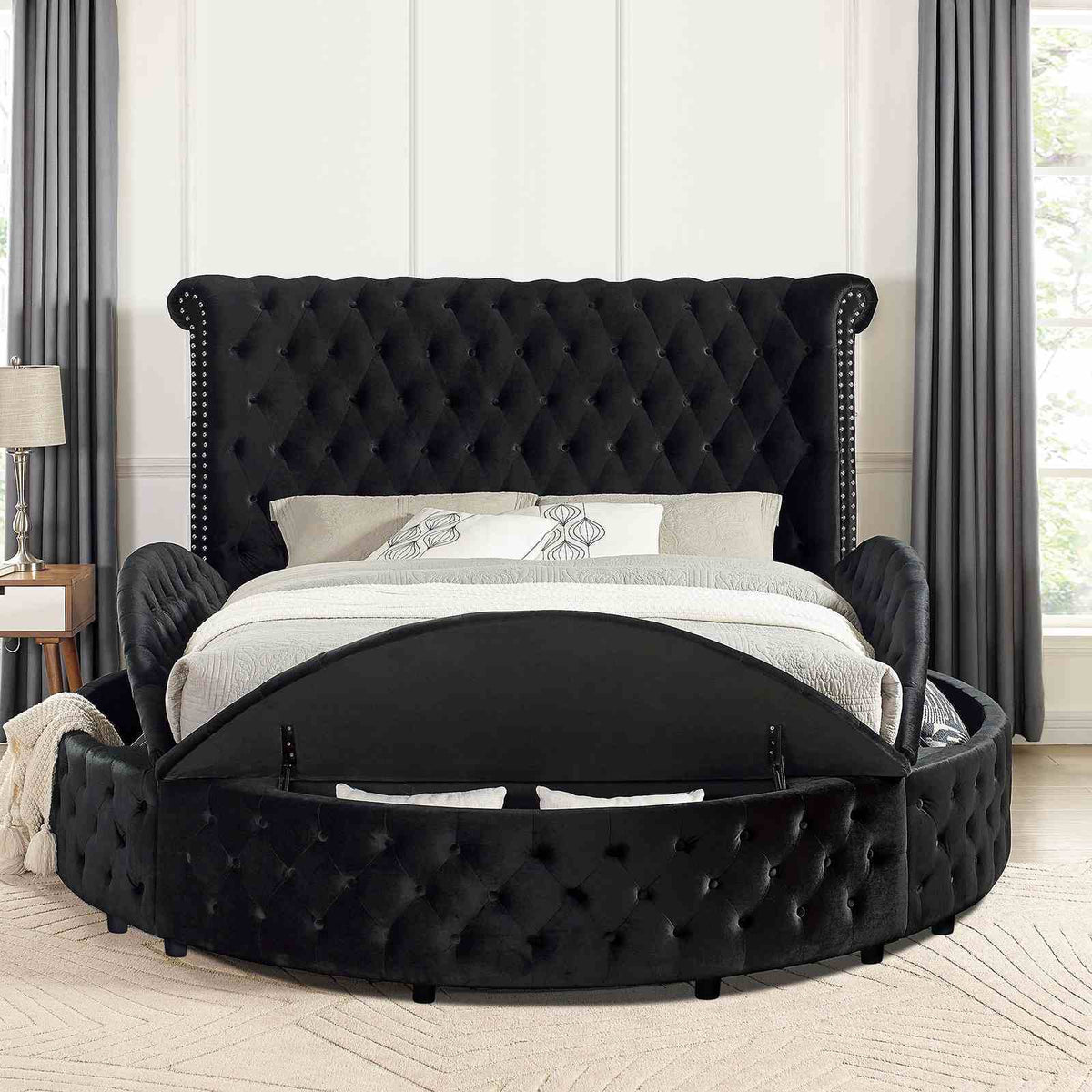 Glam Button Tufted Wingback Round Bed With Storage And USB Ports