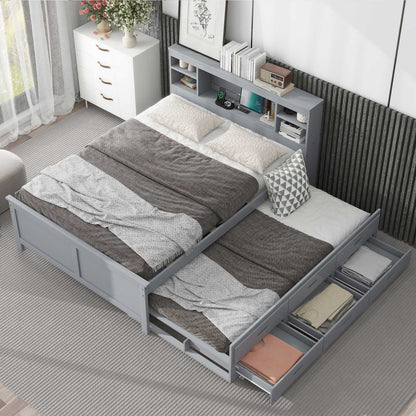 Platform Bed With Storage Headboard, USB, Trundle And 3 Drawers