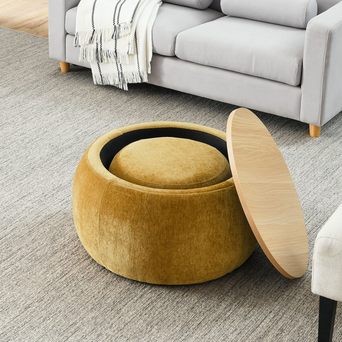 Round Storage Ottoman, 2 In 1 Function, End Table And Ottoman