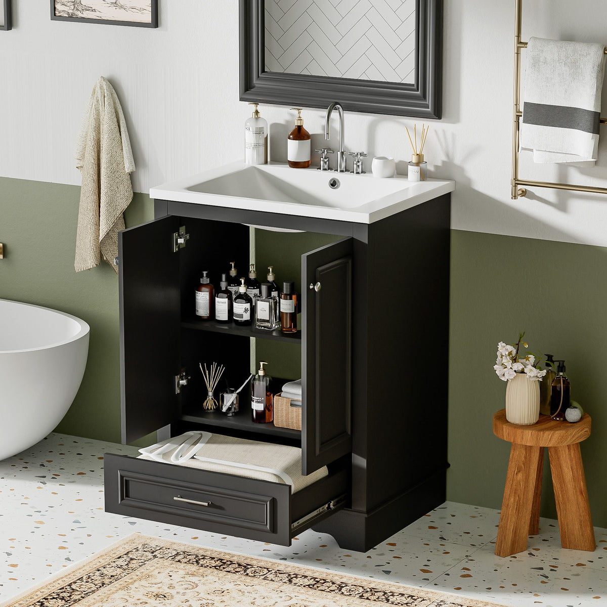 Bathroom Vanity With Ceramic Sink Combo, Modern Freestanding Storage Cabinet With Silver Handles